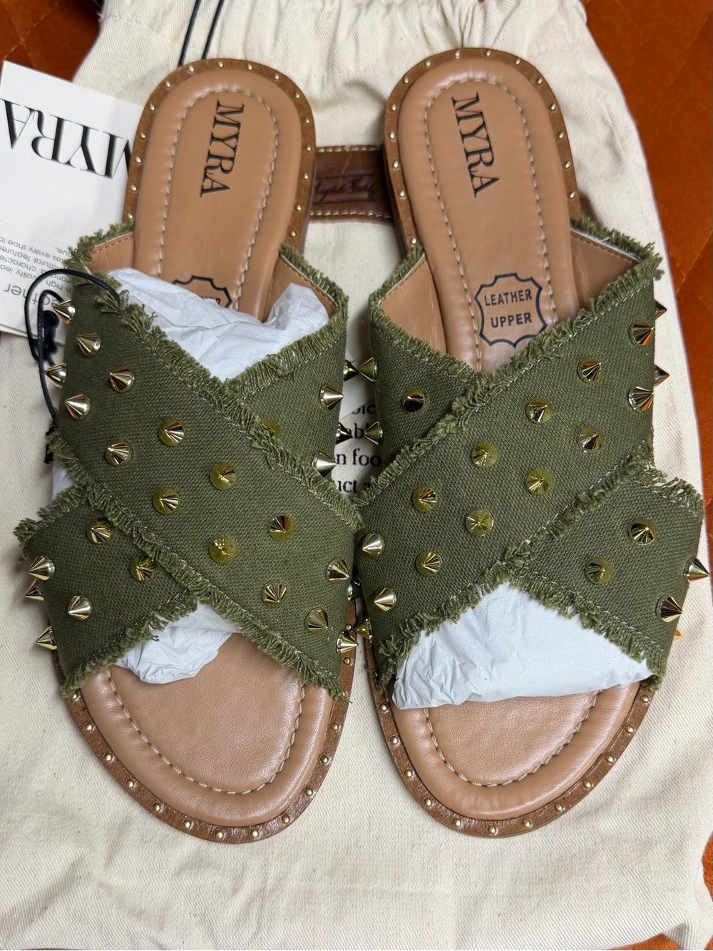 Myra Bag Olive Green Studded Crossband Leather-Trim Slide Sandals women’s 10